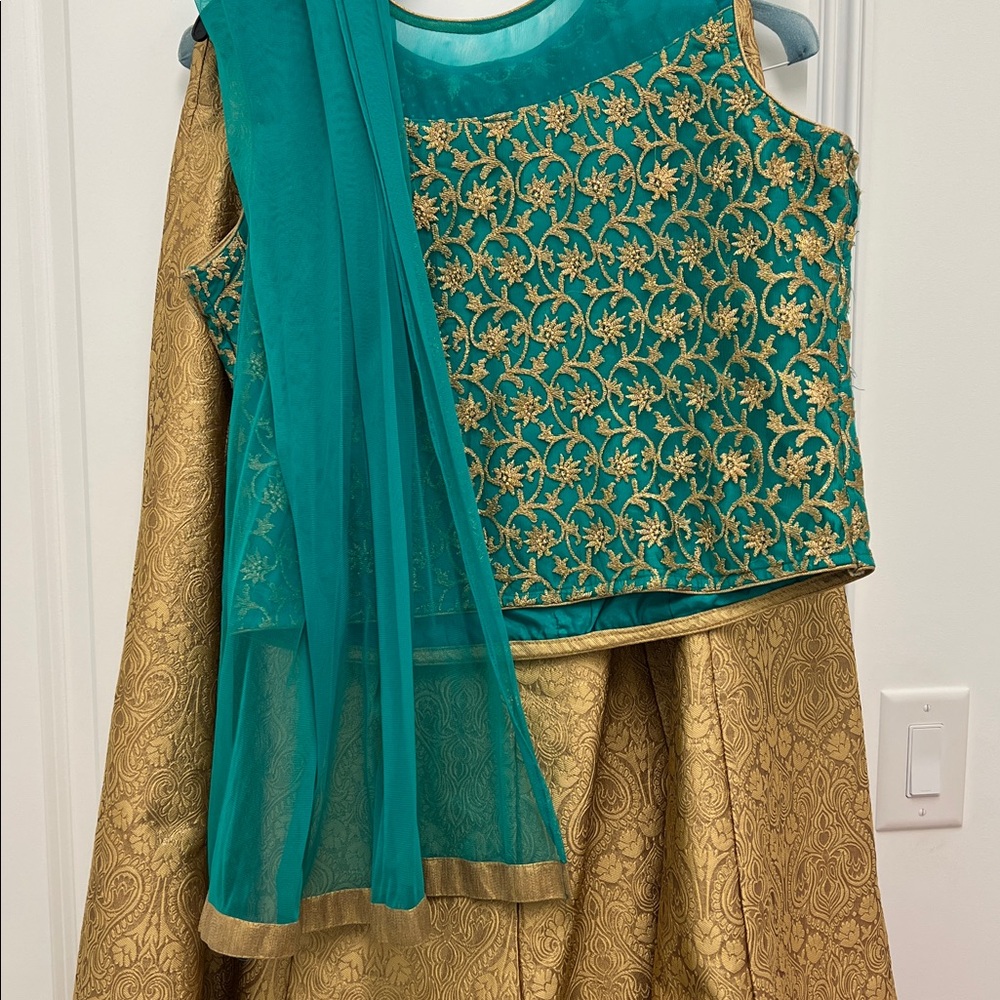 Elegant Teal and Gold Embroidered Women's Lehenga